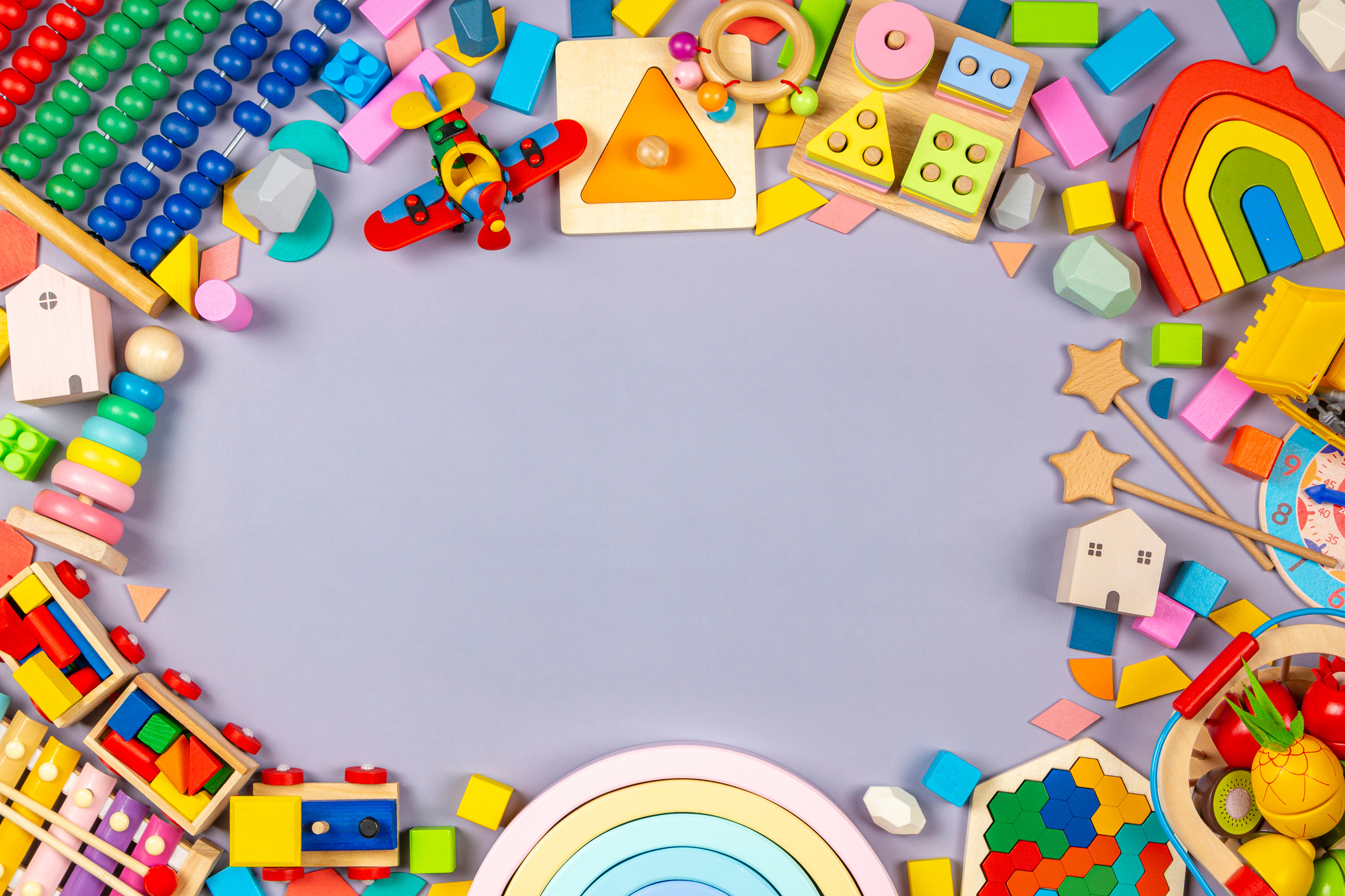 Colorful Kid's Toy Collection on Frame Background